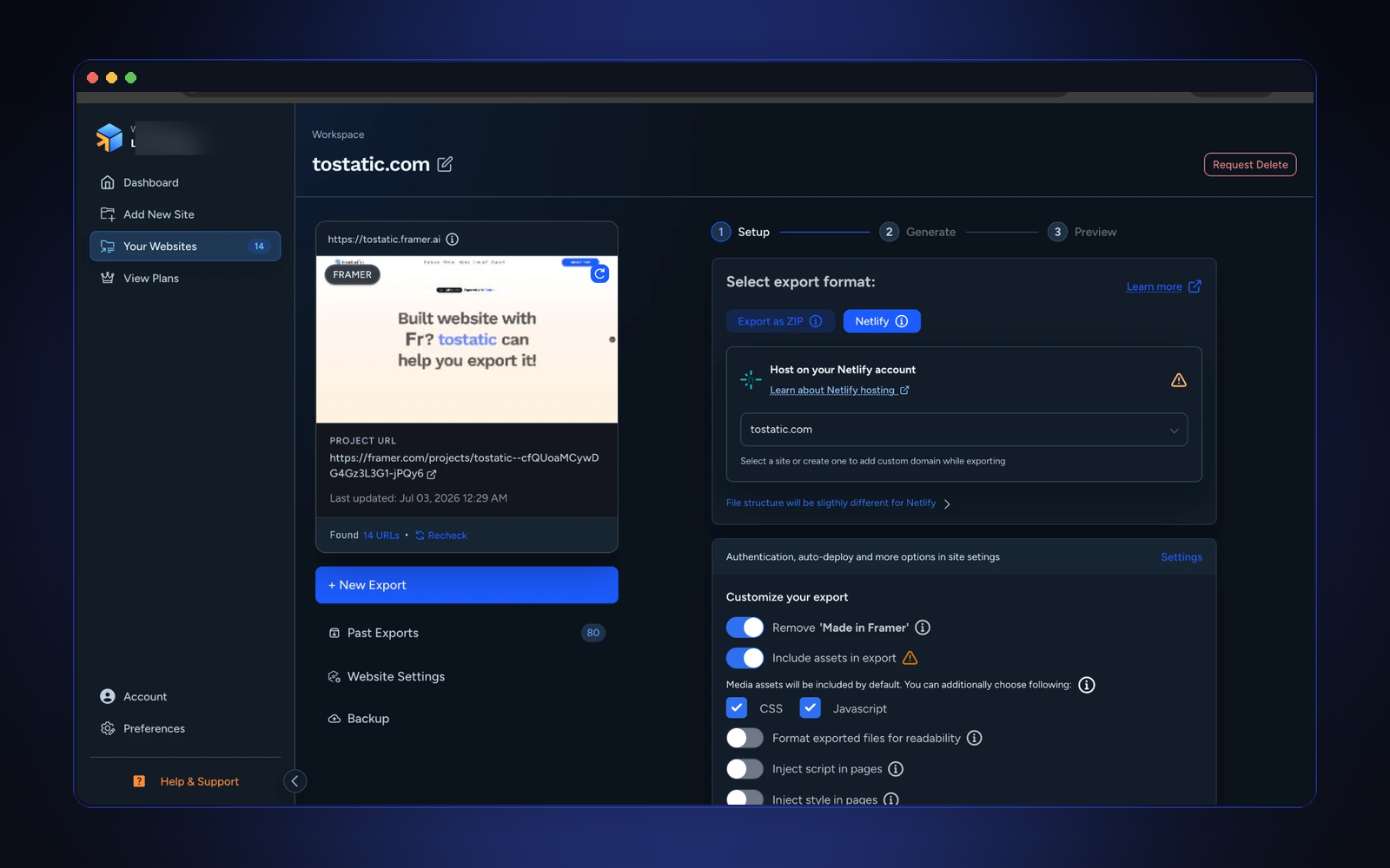 Export setup screen: choose ZIP or Netlify, then customize CSS, JS, and asset handling before generating the export