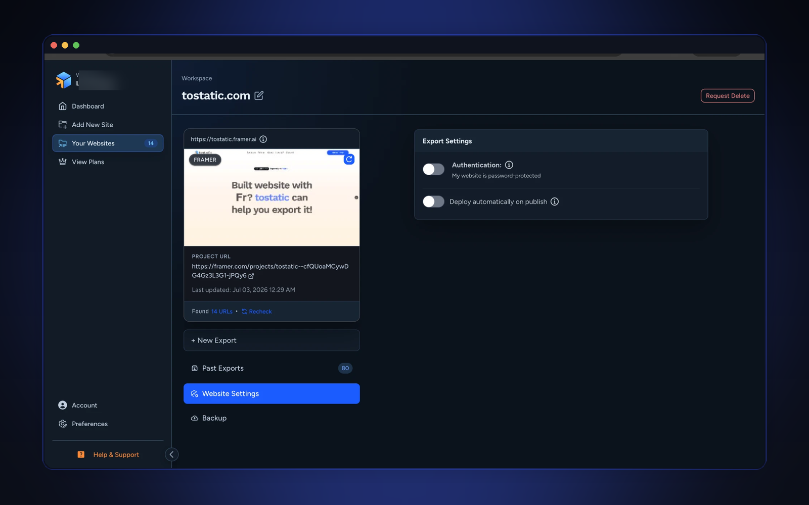 Website settings: authentication and automatic-deploy-on-publish toggles for a connected site